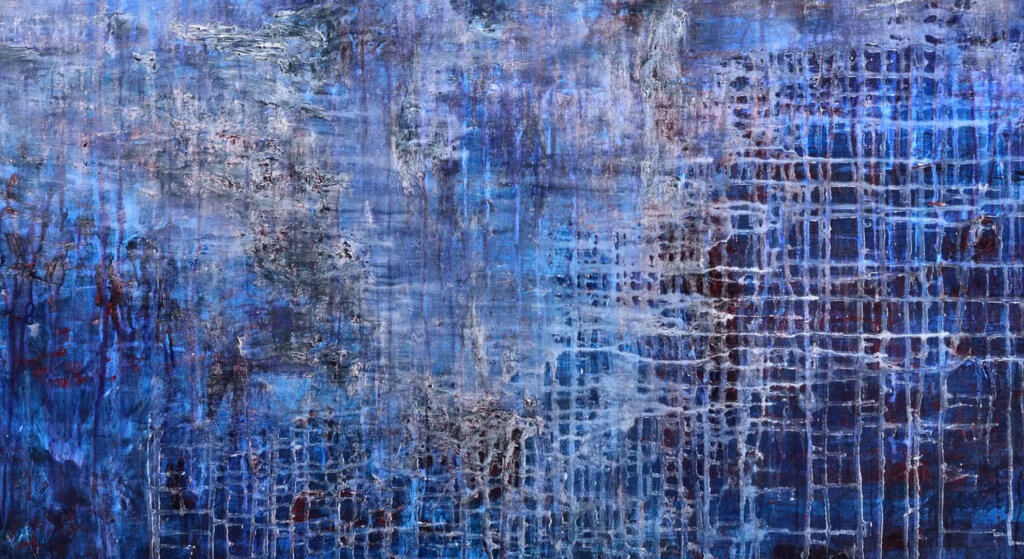 Close up of a painting by Julie Gannon. Abstract landscape in blue.