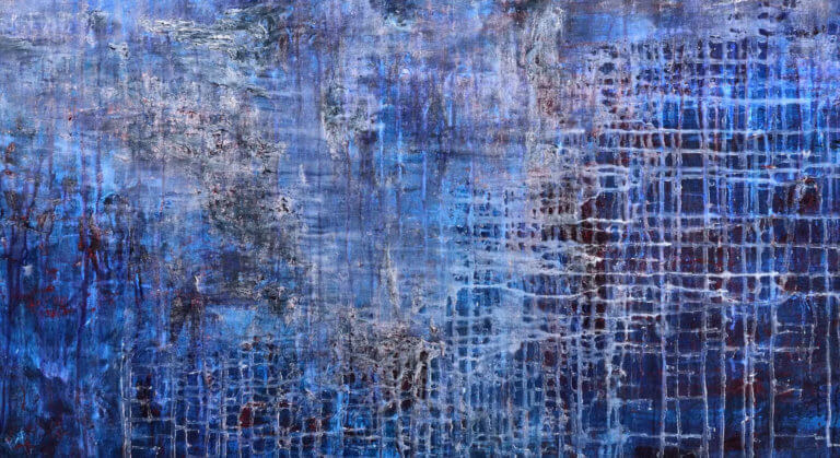 Close up of a painting by Julie Gannon. Abstract landscape in blue.