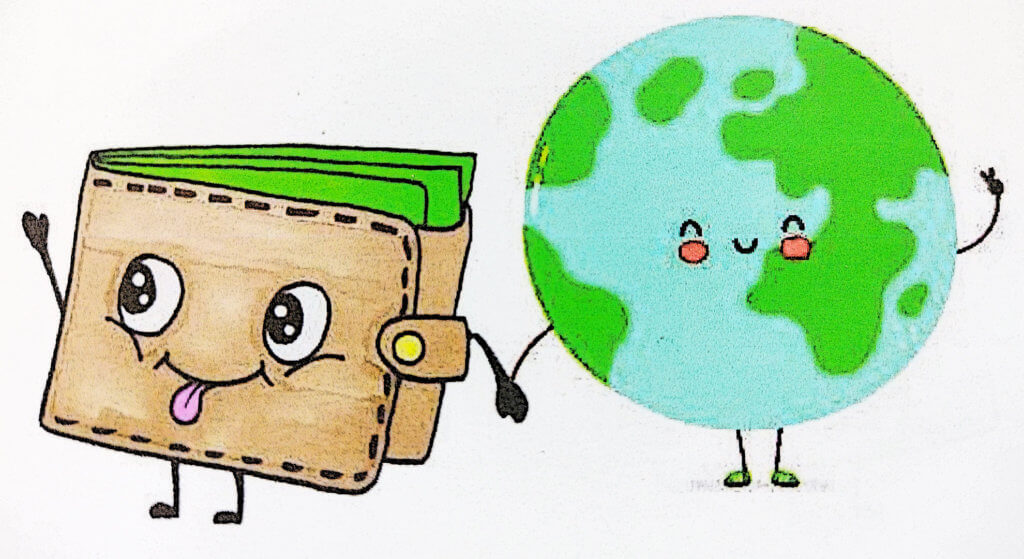 Cartoon figures of an anthropomorphic wallet and globe