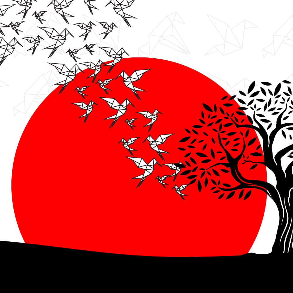 An illustration showing paper origami birds rising into the air against the backdrop of a red sun and a silhouette of a tree.
