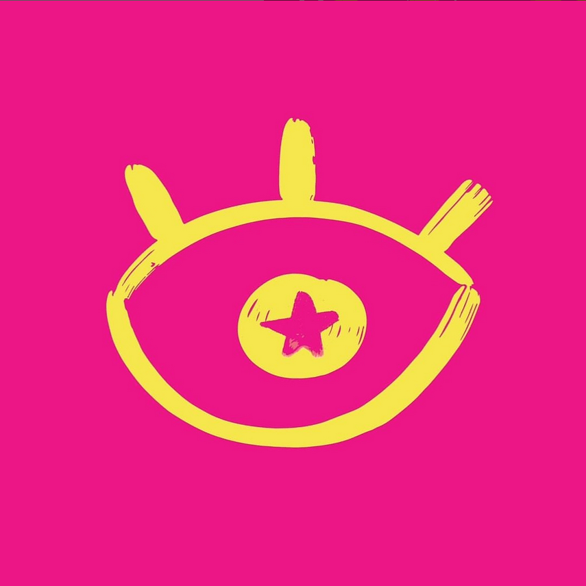 yellow eye logo on pink background