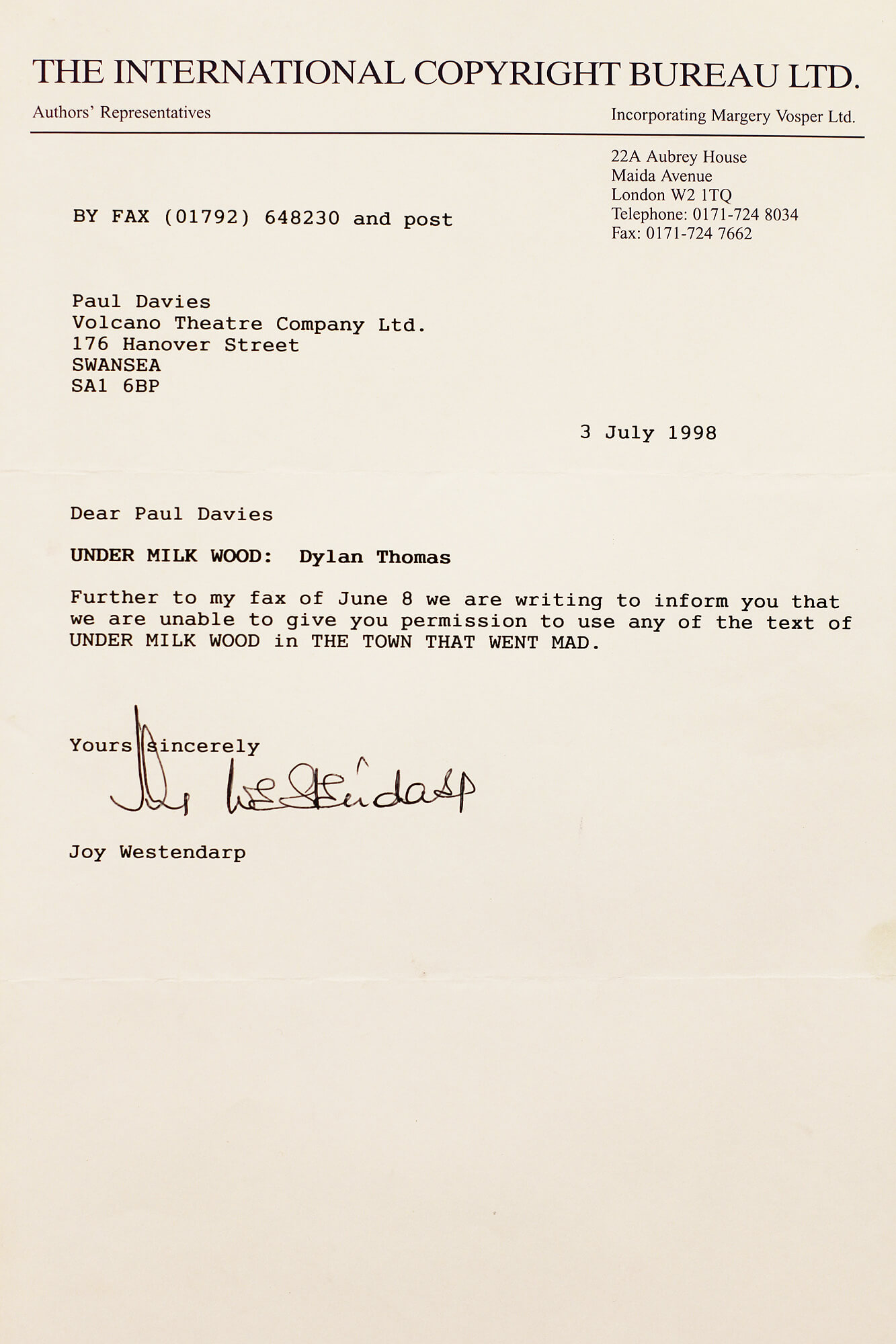 A copy of the letter sent to Volcano refusing permission to use the text of Under Milk Wood.