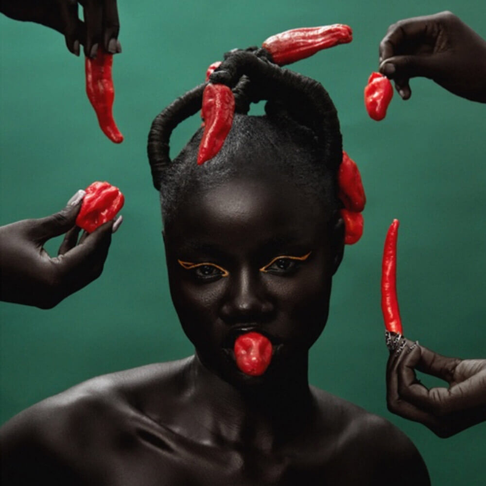 Ata Ire photograhic portrait by Abayomi Shogbade. Depicts a dark-skinned woman against a blue-green background. Vivid red chilli peppers are plaited into her hair and held in her mouth. Four hands hold chilli peppers surrounding her.