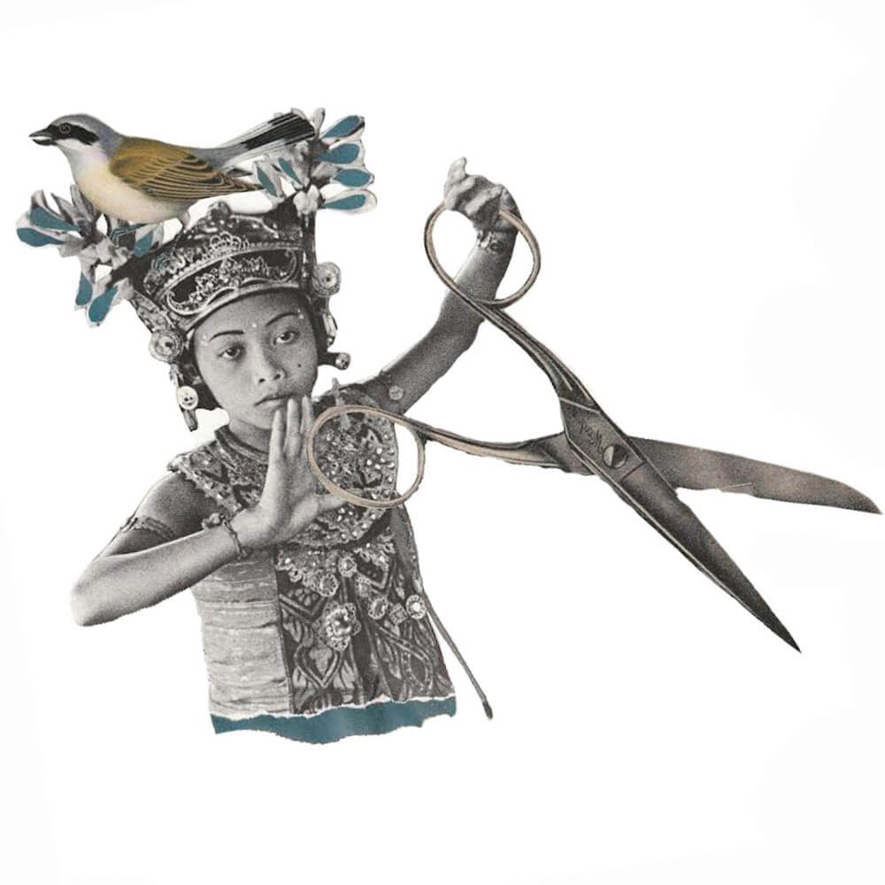 Collage of a young girl in traditional Thai costume holding a giant pair of scissors. A shrike bird sits atop her head.