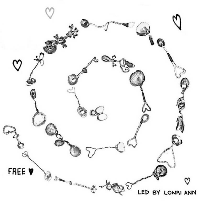 A sketch of lovespoons arranged in a spiral.