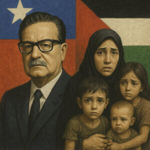 Illustration combining Chilean and Palestinian flags, a portrait of Salvador Allende and a Palestinian mother and children.