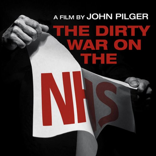 A poster featuringa pair of hands tearing the NHS logo apart.